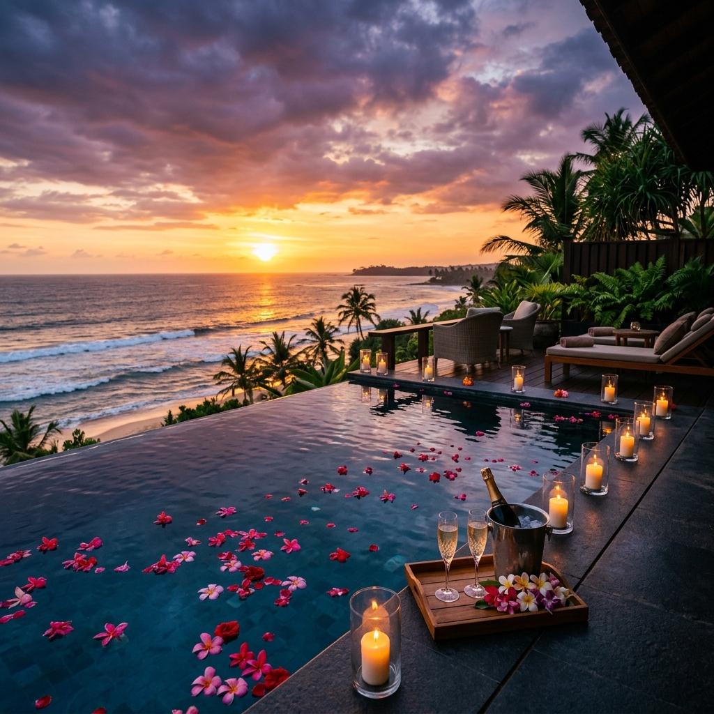 Candlelit infinity pool overlooking the ocean at sunset in Sri Lanka
